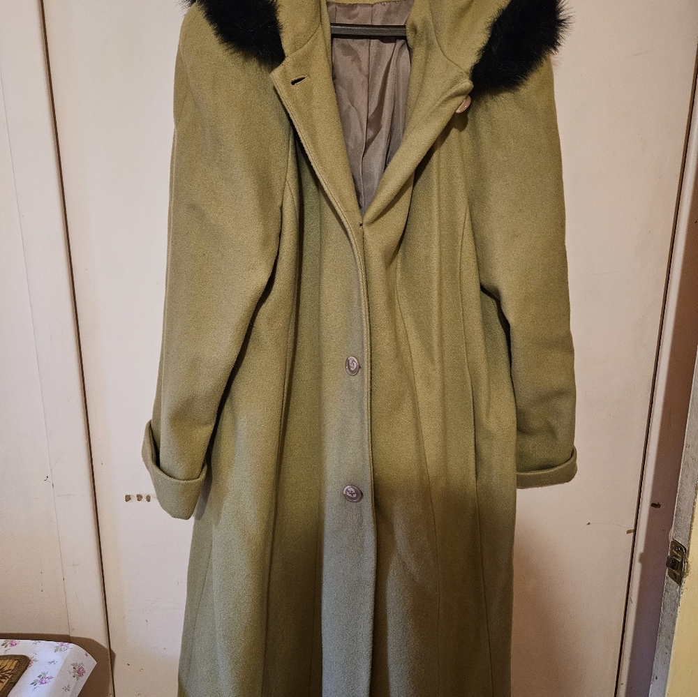 Tan Women's Coat with Faux Fur Trimmed Hood